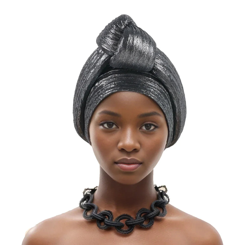 Glitter Fabric African Auto Gele Headtie Nigeria Party Headwear Turbante Mujer Knoted Turban Cap Women's Head Wraps - NamafadStore