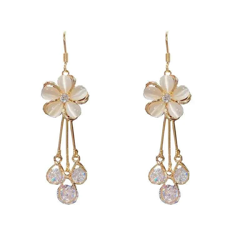 New Exquisite Zircon Opal Flower Earrings For Women Shiny Rhinestone Long Tassel Earring Girls Wedding Party Temperament Jewelry