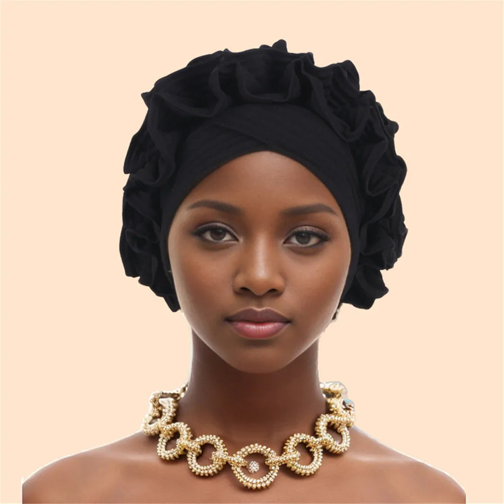 Ruffled Turban Cap Women's Head Wraps Soft Comfortable Headscarf Bonnet Lady Soild Color Headgear - NamafadStore