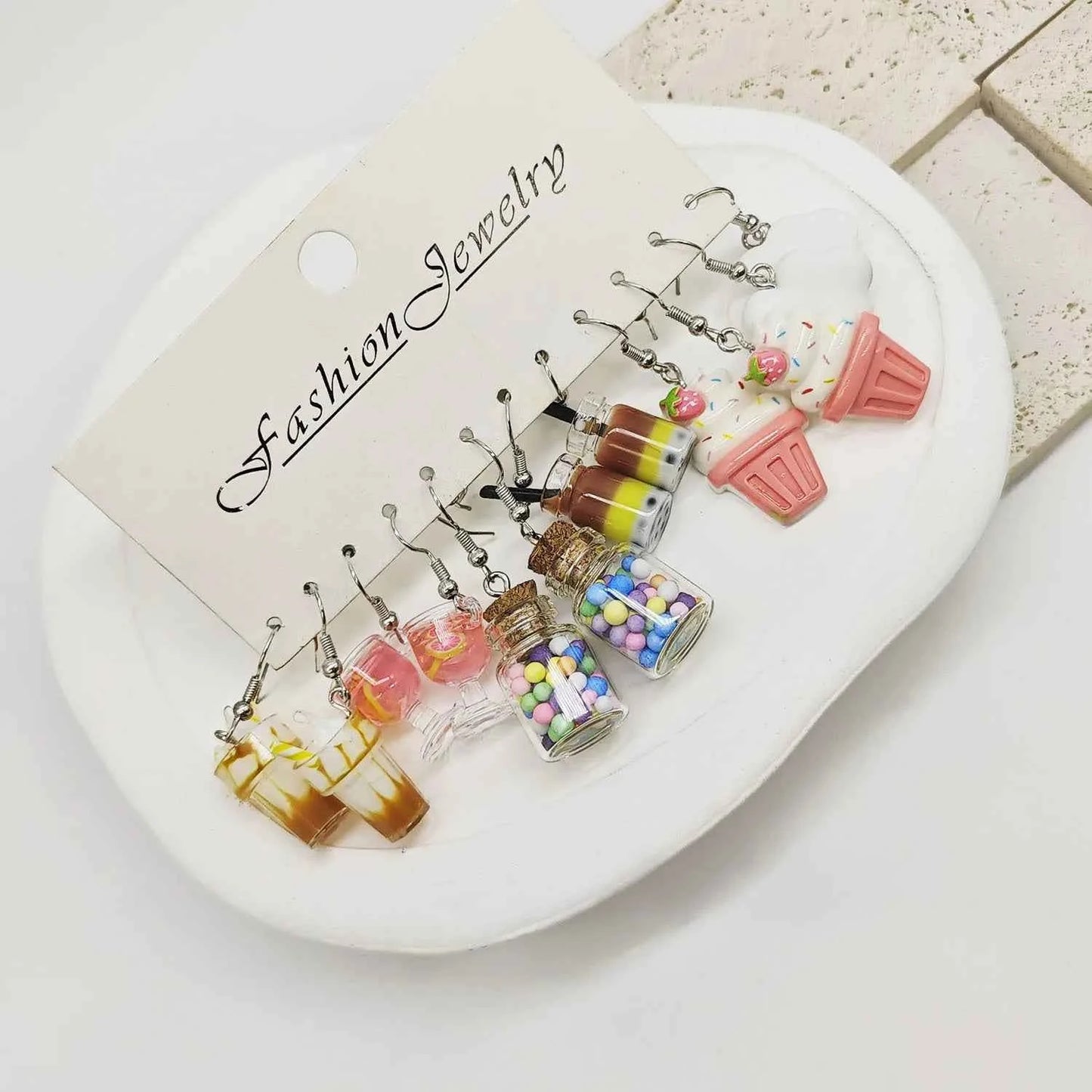 Cross border fashion cartoon resin simulation food and play ice cream milk tea earring set