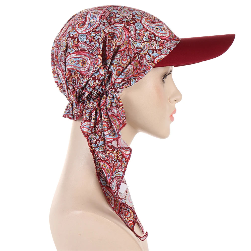 Fashion Muslim Floral Print Hijab Turban Hat for Women Visor Baseball Cap Sun Hats Headscarf Scarf Brim Femme Scarves Bandanas - NamafadStore
