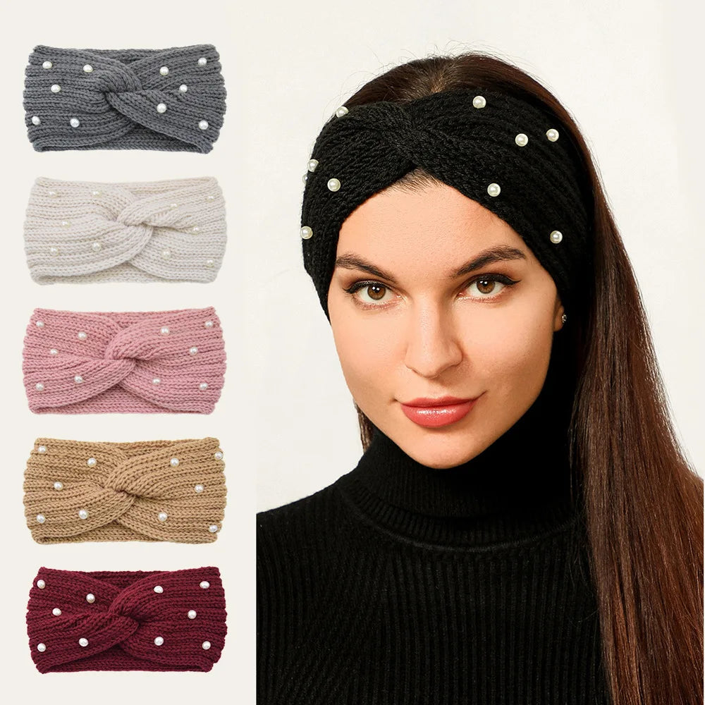 Fashion Pearls Knitted Headband Women Cross Knotted Hair Bands Autumn Winter Ear Warmer Protectors Wide Turban Hair Accessories - NamafadStore