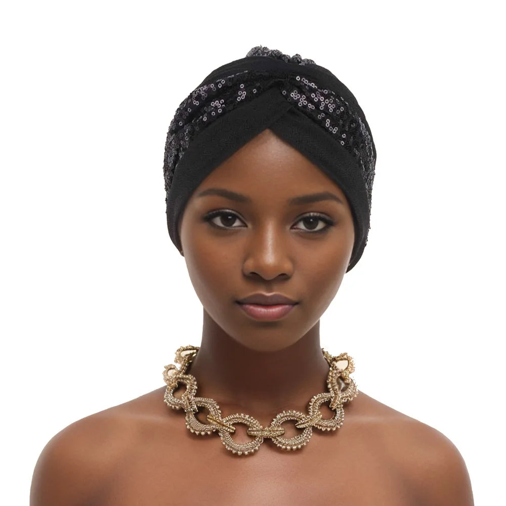 Glitter Sequins Ruffle Turban Cap Elegant Women Headscarf Bonnet Female Head Wraps Nigeria Wedding Party Headgear Headpiece