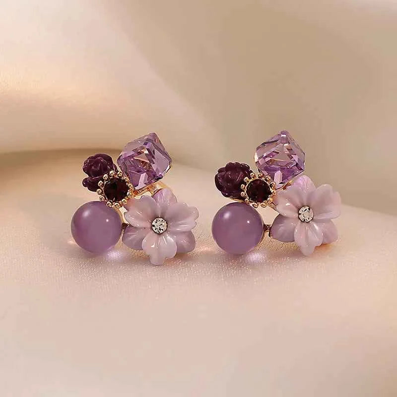 2024 New Korean Fashion Purple Crystal Beads Flower Stud Earrings Premium Sense Sweet Earrings for Women Jewelry Accessories