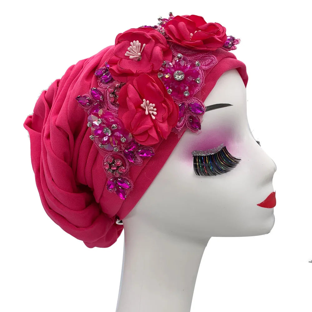 Elegant Flower Diamonds Women's Turban Cap African Party Headwear Hat Lady Head Wraps Muslim Headscarf Hats Turbante Mujer - NamafadStore