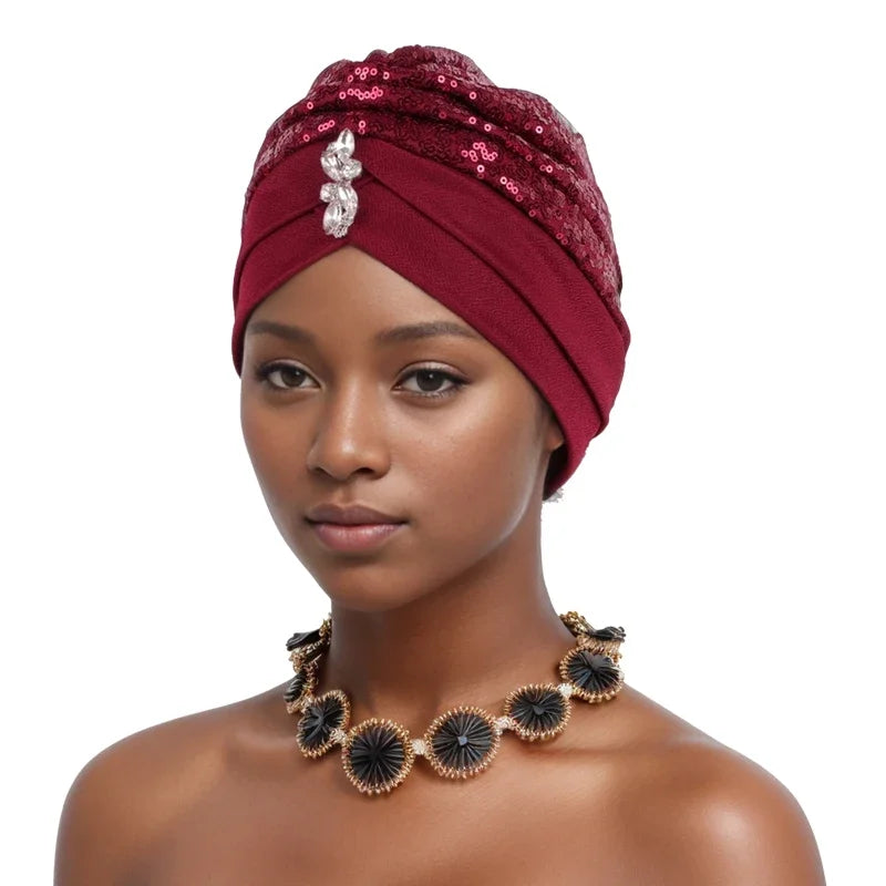Muslim Headscarf Cap Lady Headwrap Hat Turbante Mujer Sequins Turban Cap for Women Cross Forehead Wrap Head Bonnet - NamafadStore