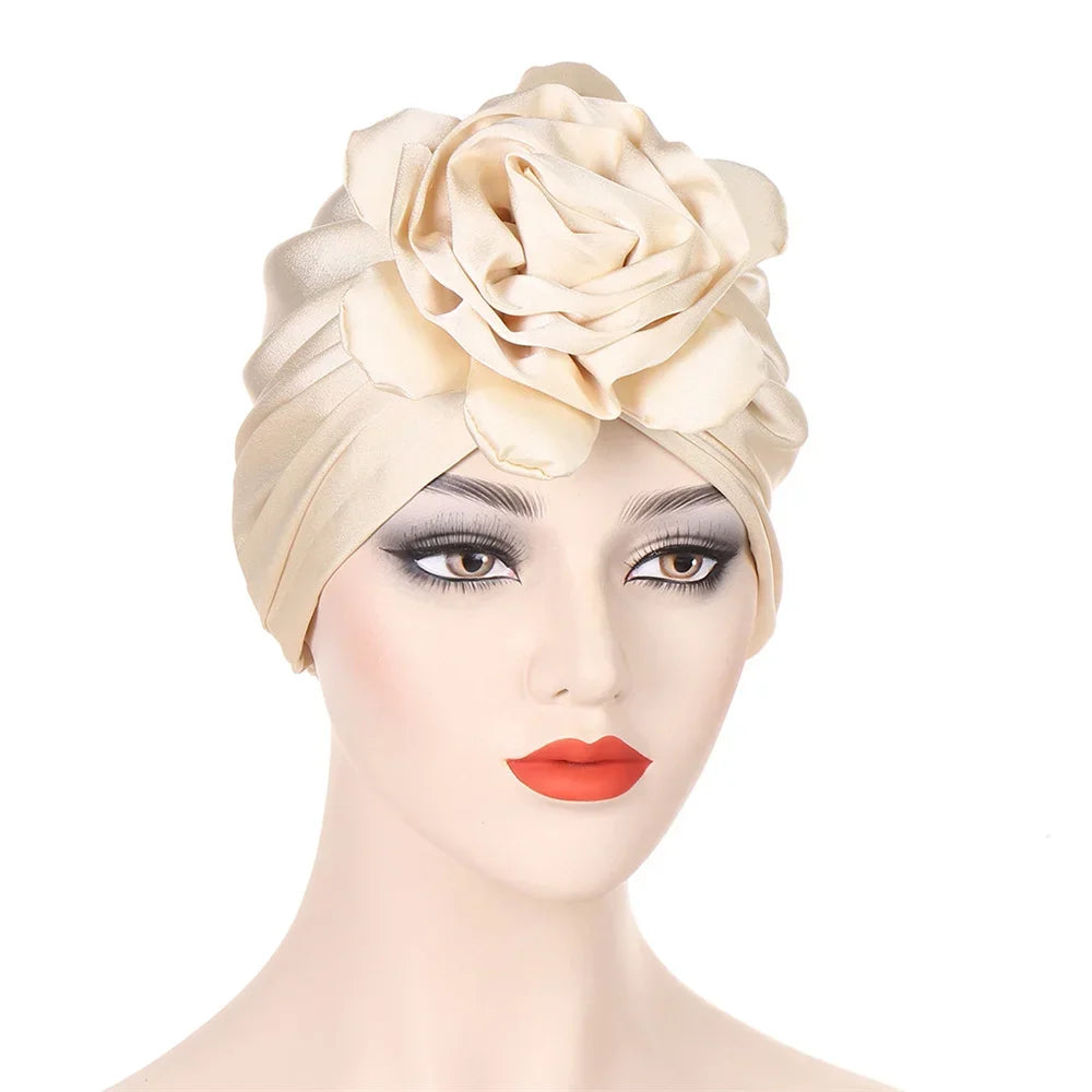 Big Flower Muslim Women Turban Satin Head Wrap Hijab Sleep Night Hat Chemo Cap Indian Elastic Beanie Ladies Hair Loss Headwear - NamafadStore