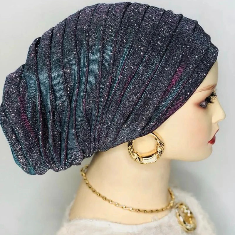 Glitter Full Body Pleated Turban Cap for Women 2025 Lady Head Wraps Muslim Headscarf Hat Turbante Mujer African Headpiece