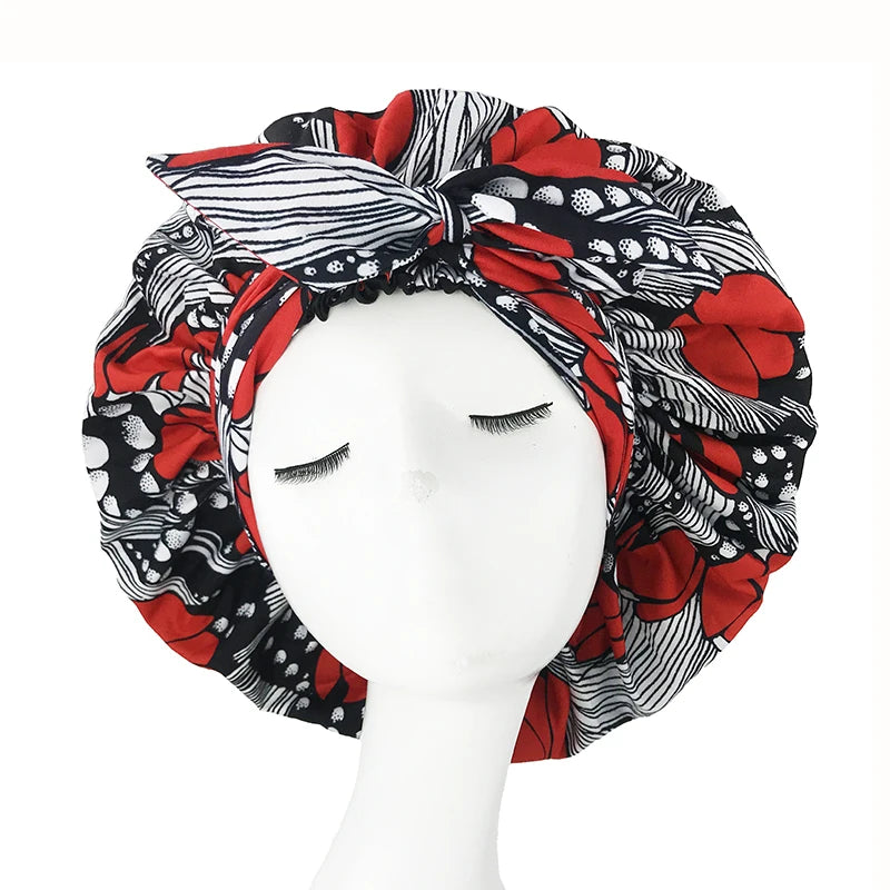 New African Ankara Pattern Satin Linned Bonnet Women Long Ribbon Headwrap Double Layer Headscarf Big Size Adult Hair Cover