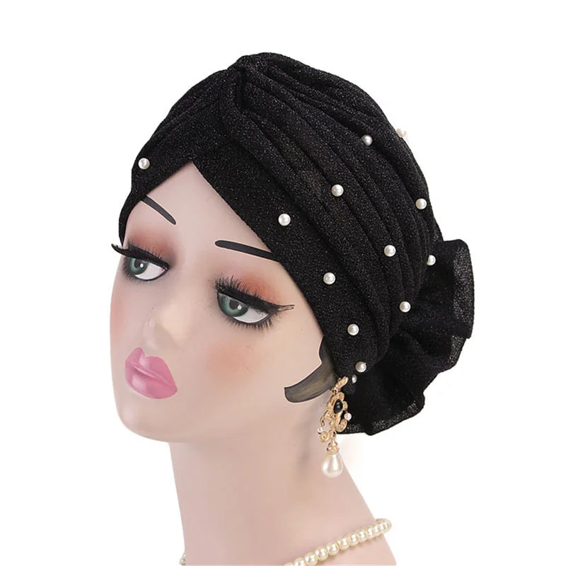 Summer Beading Flower Women's Turban Caps Stretchy Female Headwrap Bonnet Cancer Headwear Muslim Turban Hijabs Islamic Headscarf - NamafadStore