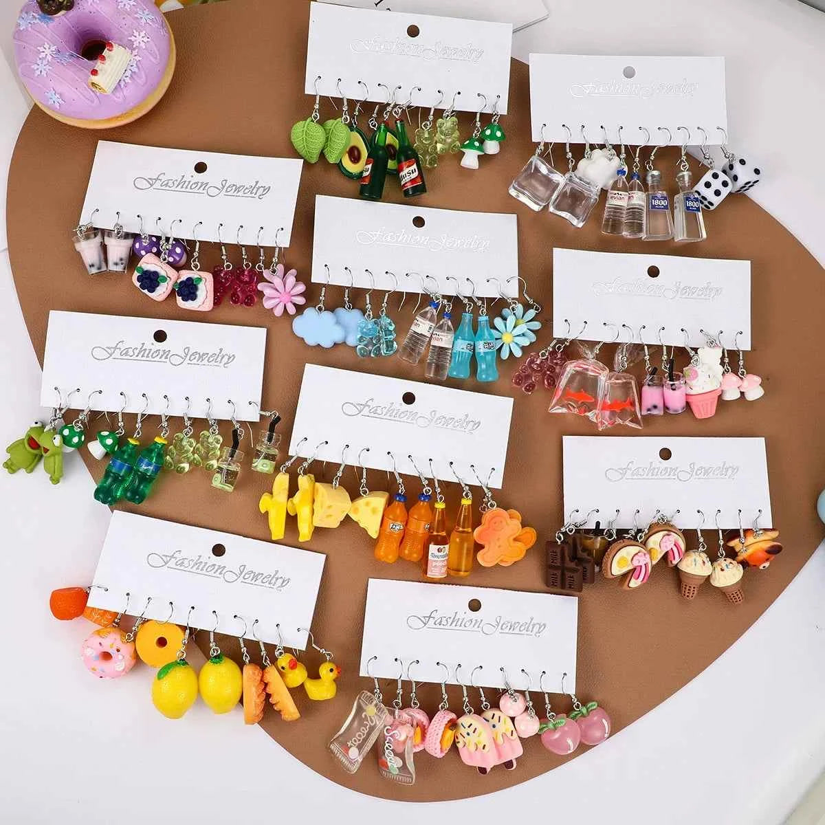 Fashion Sweet Fruit Drink Earrings Set for Women Cute Cartoon Food Ice Cream Donut Funny Resin Earrings Party Jewelry Gift New