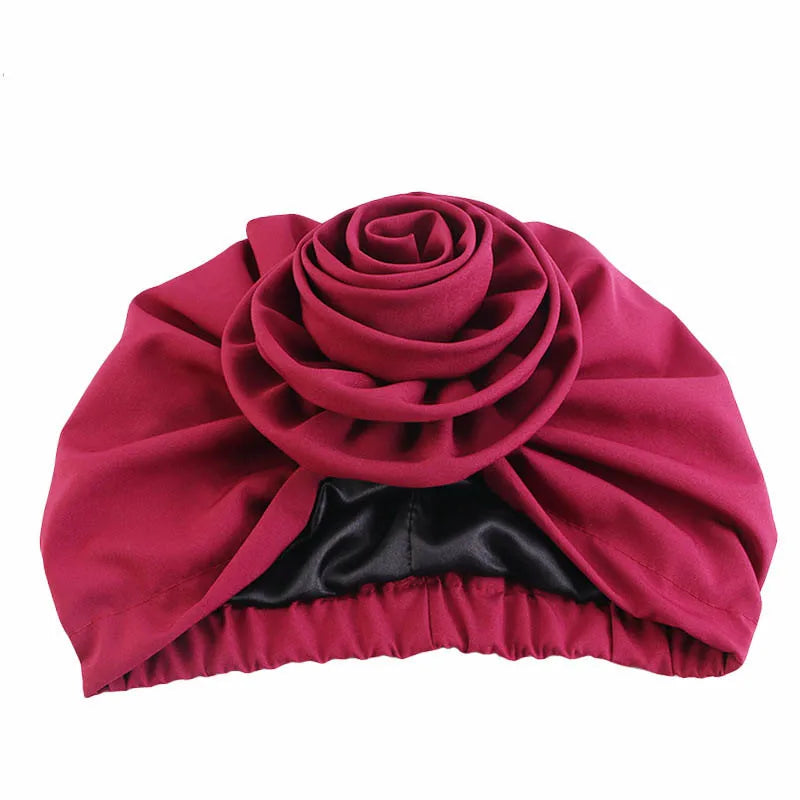 Satin Lined Woman Turban Cap Big Flower African Hat Solid Color Headwrap Bonnet Muslim Hijab Headscarf Ladies Beanies Headwear - NamafadStore