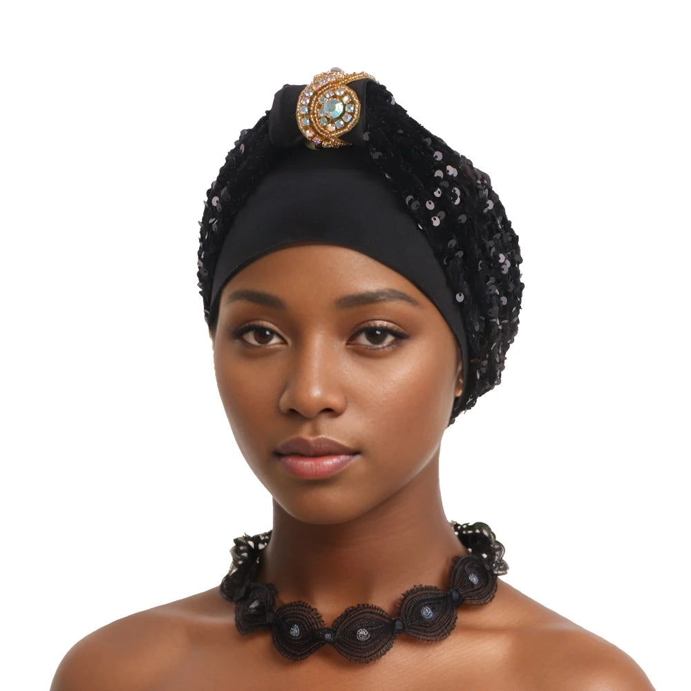 Shining Diamond Sequins Women's Turban Cap African Hat Headtie Bonnet Muslim Headwear Top Knotted Head Caps Turbante Mejur - NamafadStore