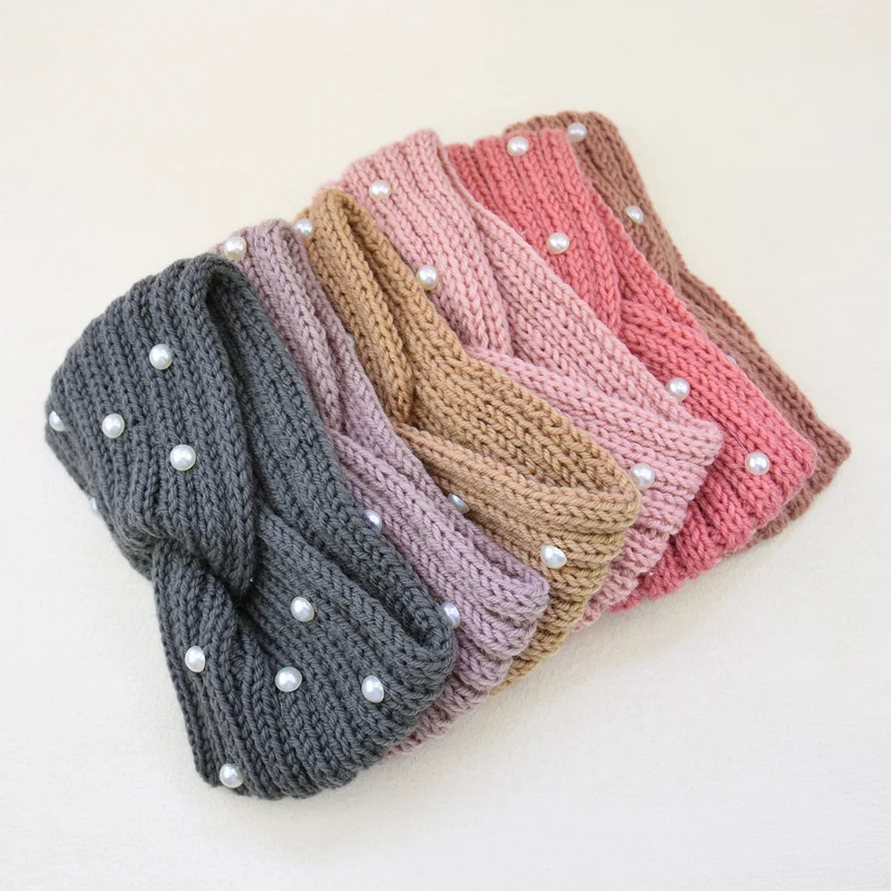 Fashion Pearls Knitted Headband Women Cross Knotted Hair Bands Autumn Winter Ear Warmer Protectors Wide Turban Hair Accessories - NamafadStore