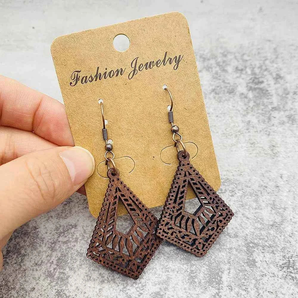 Vintage Hollowed Out Wooden Earrings Fashionable  Bohemian Style Creative Geometric Earrings Set for Women's Daily Wear