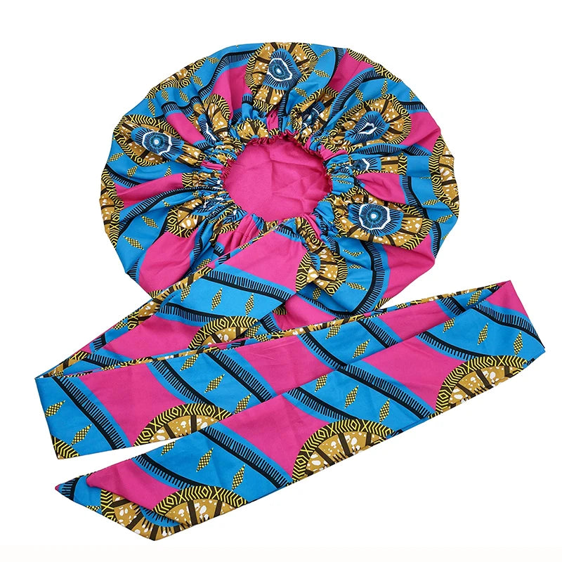 New African Ankara Pattern Satin Linned Bonnet Women Long Ribbon Headwrap Double Layer Headscarf Big Size Adult Hair Cover