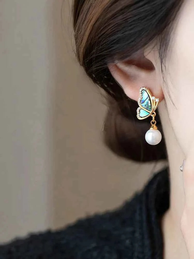 Korean new fashion jewelry 14K gold plated natural shell butterfly zircon pearl earrings elegant women's daily work accessories