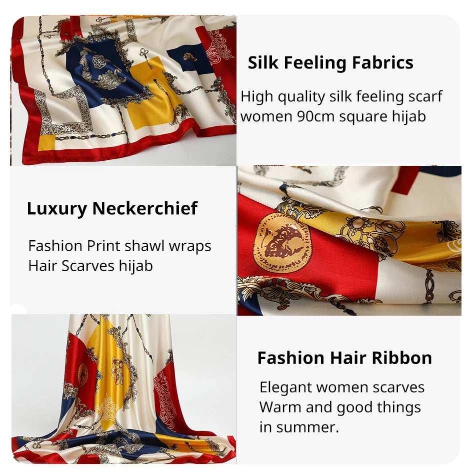 90CM Kerchief Silk Satin Four Seasons Square Beach Stoles Luxury Print Sunscreen Shawls Wraps Hijab Popular Bandana Accessores