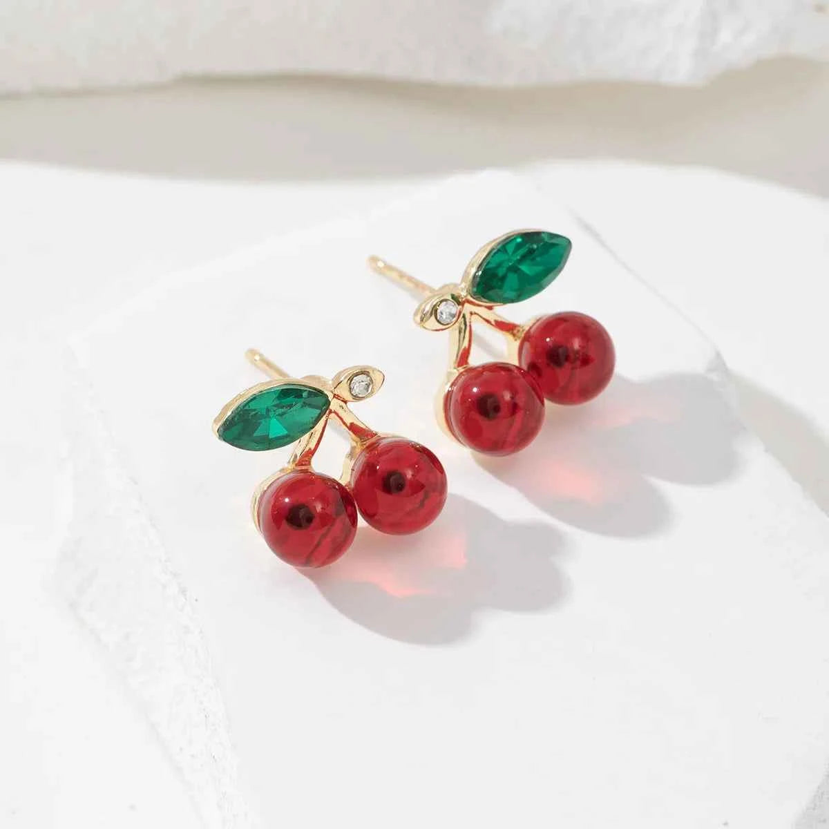 New Cute Red Resin Cherry with Shiny Cubic Zirconia Pendant Earrings for Women Sweet Jewelry Accessories Holiday Gifts