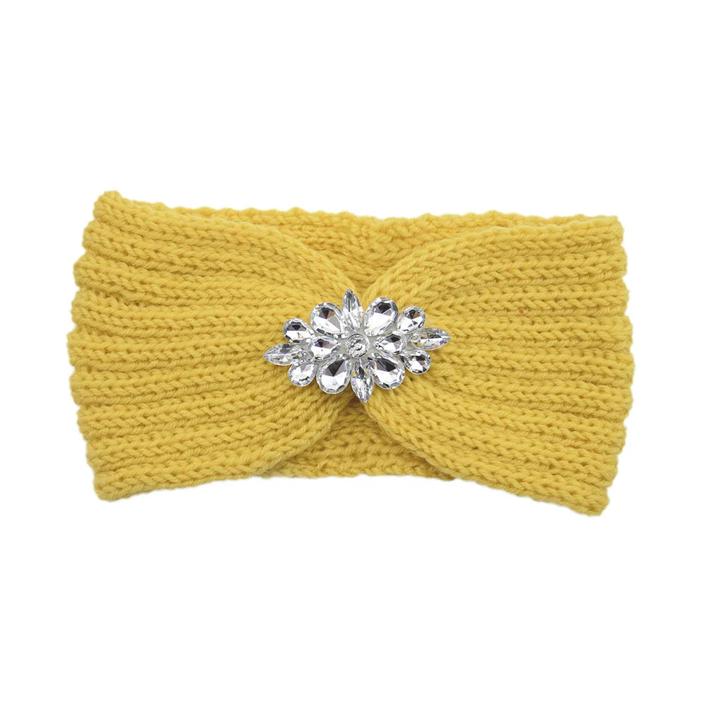 Elegant Women Rhinestone Knitted Hair Bands Ear Protection Headband Head Cover Face Washing Exercise Yoga Warm Wool Headwrap - NamafadStore