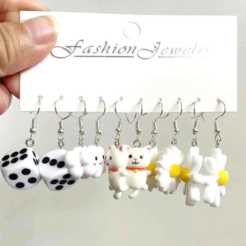 5 Pair Set Small Fresh Colored Resin Pendant Earrings Art Sweet and Cute Fruit Animal Milk Tea Earrings Female