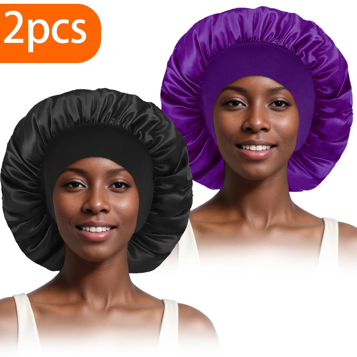 2pcs Women's Fashion Bonnet Large Wide Edge Elastic Hat Casual Silk Smooth Tint Suitable for Curled Straight Hair Sleeping Hat - NamafadStore