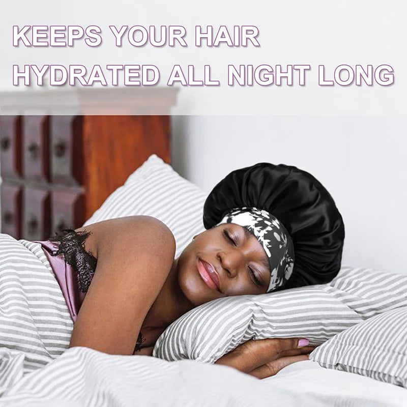 New Big Size Floral Print Bonnet Satin Wide Elastic Band Beanie Night Sleep Caps Head Cover African Headwrap Turban Chemo Caps - NamafadStore