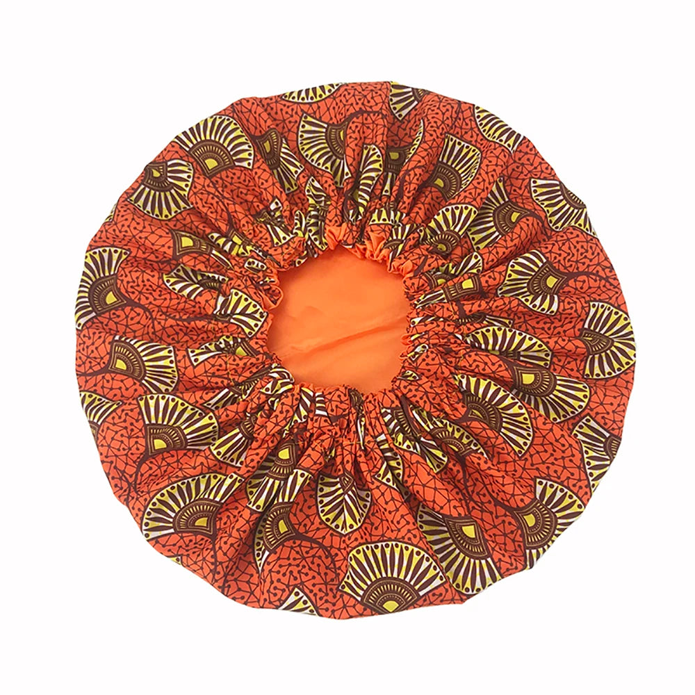 New African Ankara Pattern Satin Linned Bonnet Women Long Ribbon Headwrap Double Layer Headscarf Big Size Adult Hair Cover