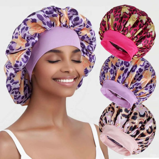 1PC Women's Leopard Print Satin Sleep Bonnet - Adjustable Night Cap for Hair Protection While Sleeping