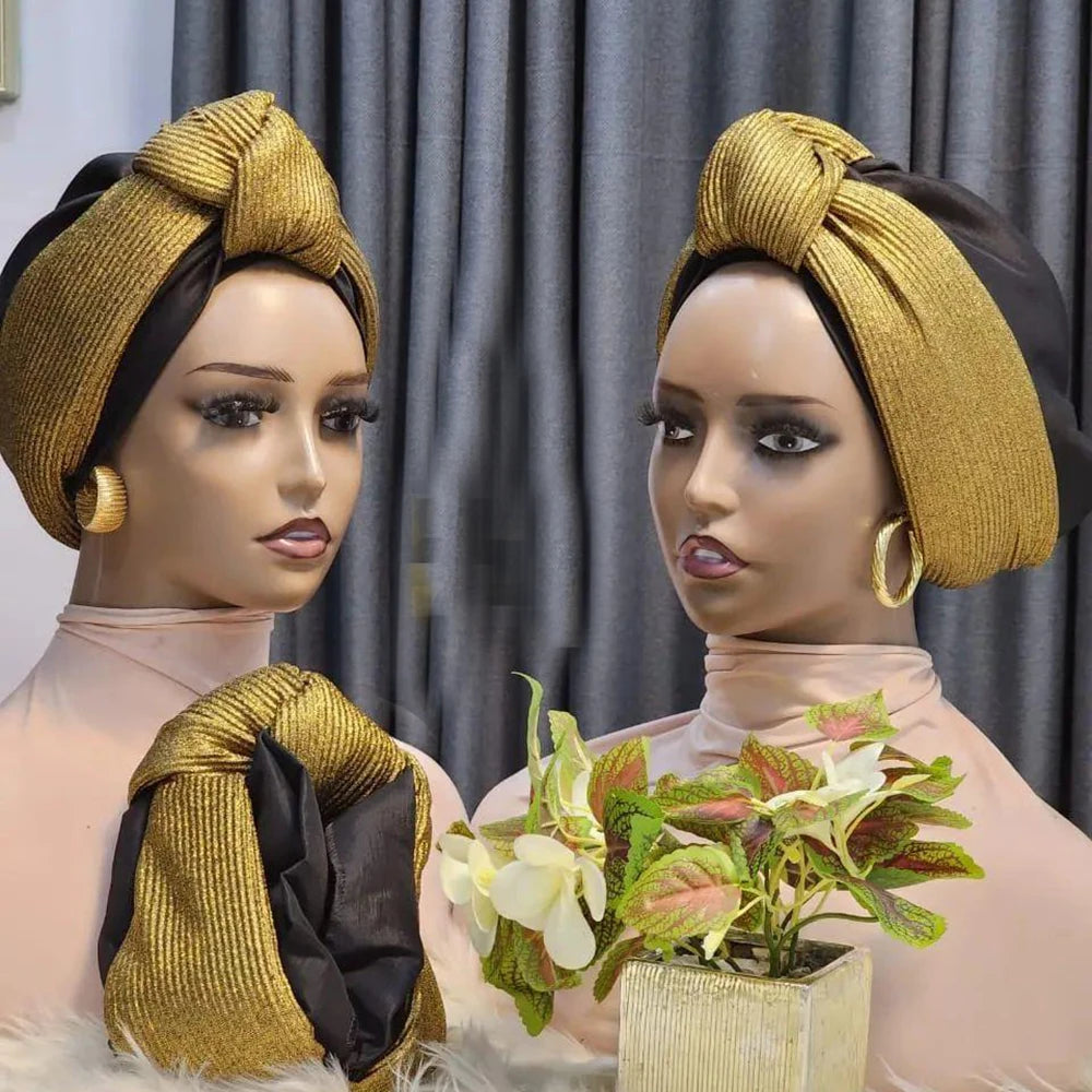 Fashion Women's Head Wraps African Lady Turban Hat Knoted Headtie Wedding Party Headwear Nigeria Auto Geles - NamafadStore