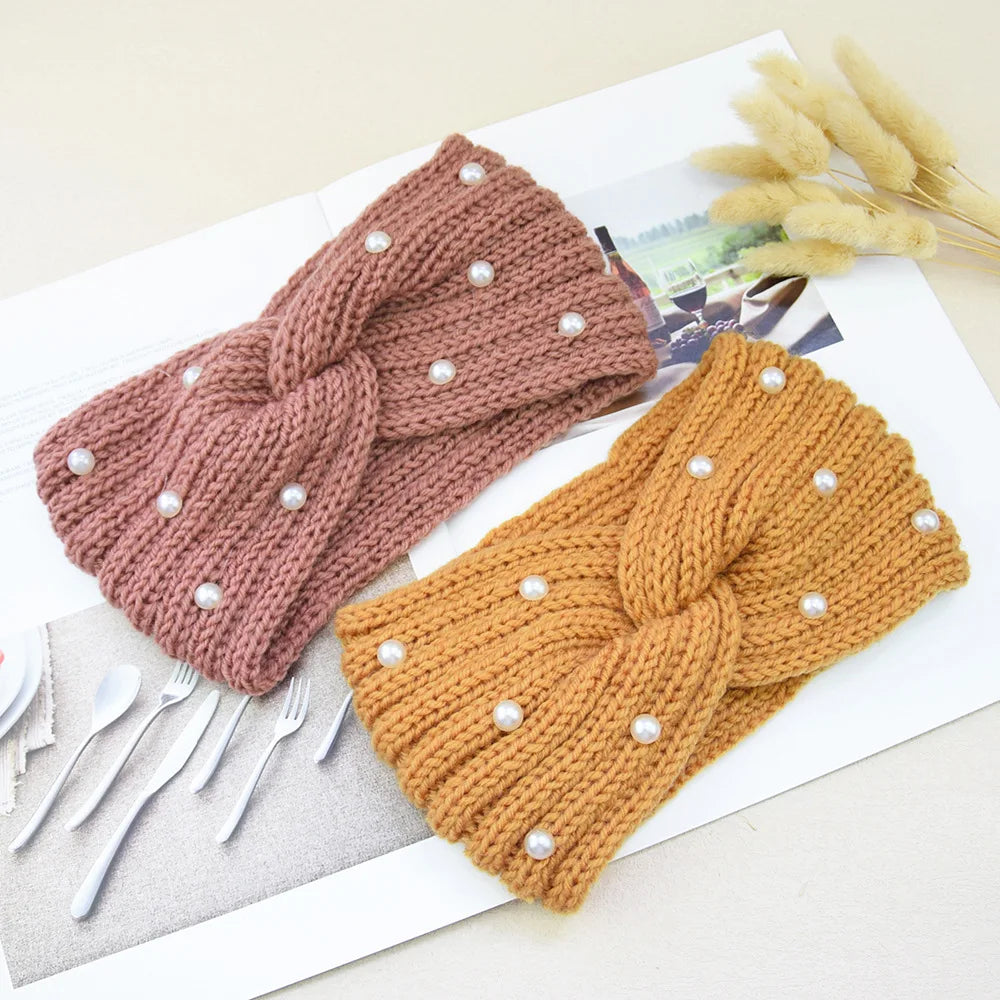 Fashion Pearls Knitted Headband Women Cross Knotted Hair Bands Autumn Winter Ear Warmer Protectors Wide Turban Hair Accessories - NamafadStore