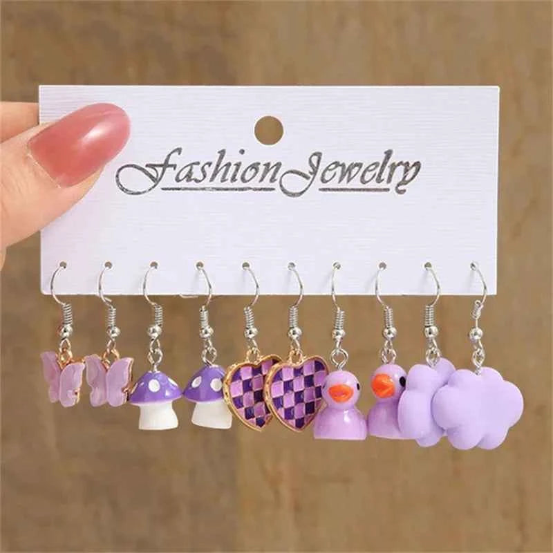 Colorful Butterfly Heart Cartoon Dangle Earrings Set For Women Girl Kids Cute Duck Clouds Resin Drop Earring Jewelry Accessories