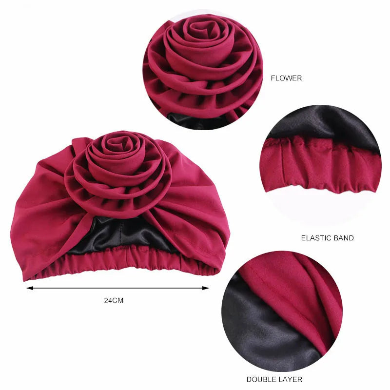 Satin Lined Woman Turban Cap Big Flower African Hat Solid Color Headwrap Bonnet Muslim Hijab Headscarf Ladies Beanies Headwear - NamafadStore