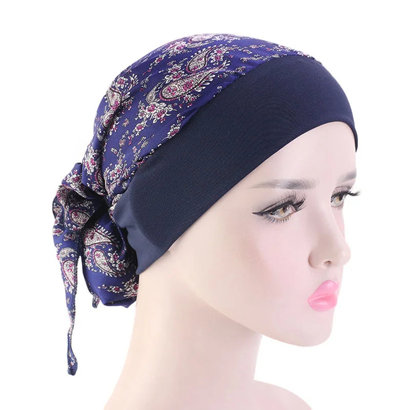 Muslim Women Headwear Turbans Silky Head Scarf With Wide Band Printed Sleeping Hat Hijab Bonnet Hair Cover Ready To Wear - NamafadStore