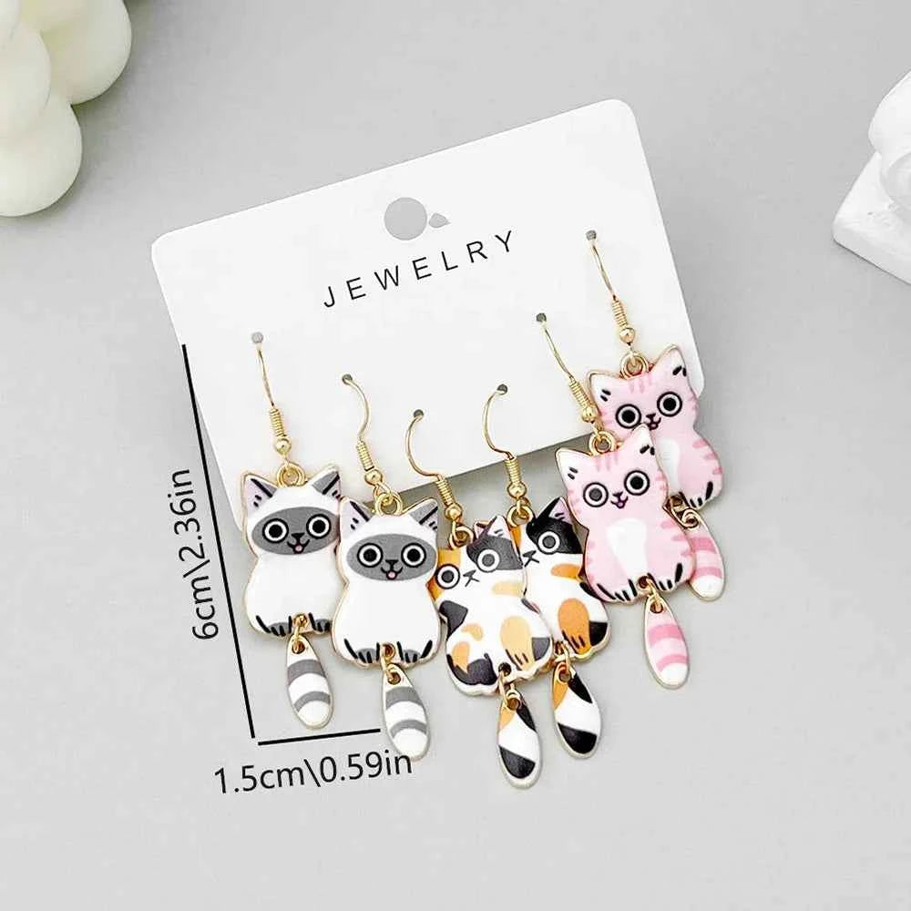 3 Pairs New Fun and Cute Enamel Alloy Hanging Tail Cat Dangle Earrings Colored Cat Ear Jewelry Set Lovely Gift For Women Girls