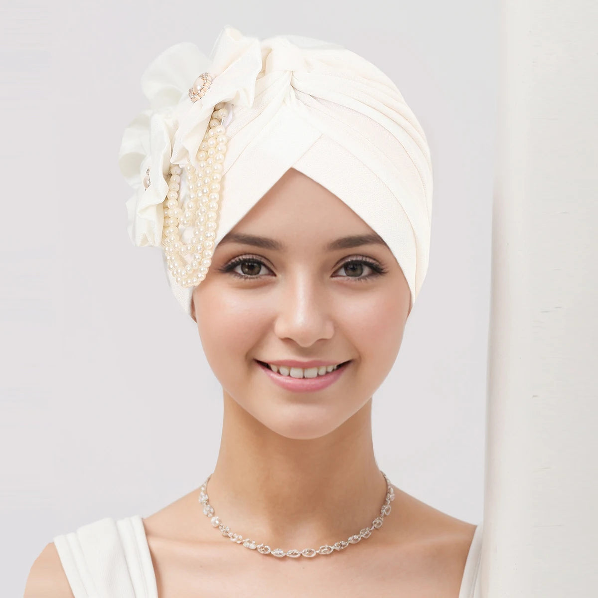 Pearls Beading Turban Cap for Women Flower Design Female Head Wraps Muslim Headscarf Bonnet Hairloss Hat Cover - NamafadStore
