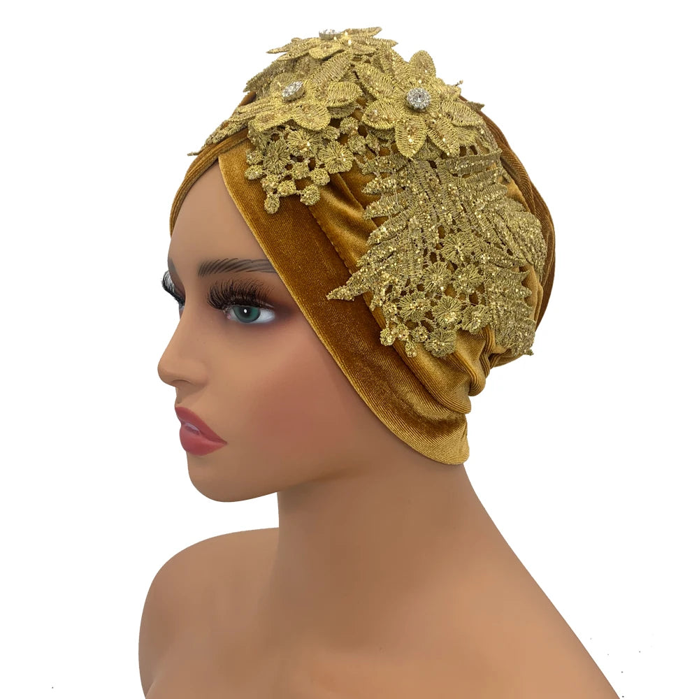 Applique Flower Embroidery Turban Caps for Women Ruffle Velvet Headscarf Bonnet Hat Female Head Wraps Turbante Mujer - NamafadStore