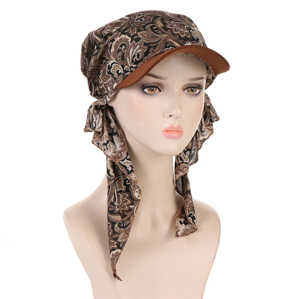 Fashion Muslim Floral Print Hijab Turban Hat for Women Visor Baseball Cap Sun Hats Headscarf Scarf Brim Femme Scarves Bandanas - NamafadStore