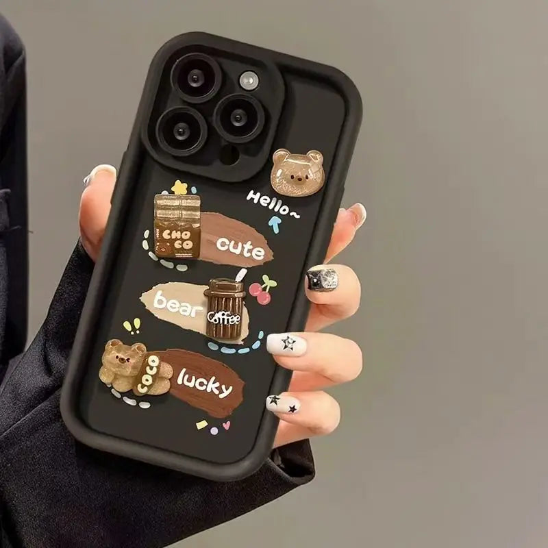 Cute 3D Bear Coffee Phone Case For Realme 14 Pro Plus 8 8i 9i 10 11 12 13 Pro 5G C21 C35 C75 C53 C67 C55 C63 C61 Matte TPU Cover