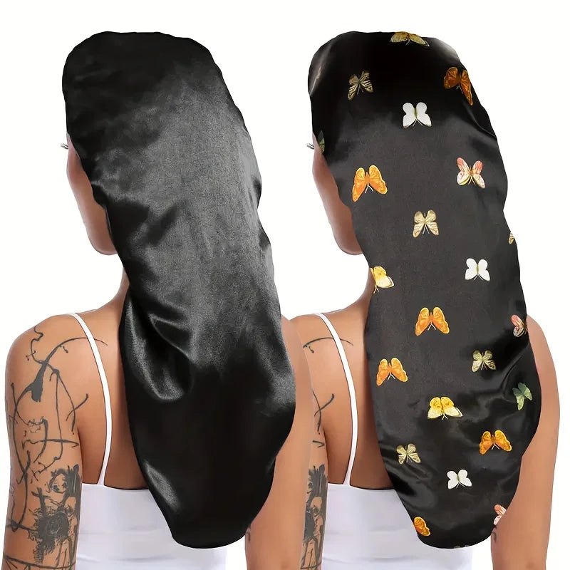 2pc Long Silky Sleep Bonnet For Straight Curly Hair, Extra Large Hair Bonnets For Dreadlock And Braids, Satin Sleeping Caps - NamafadStore