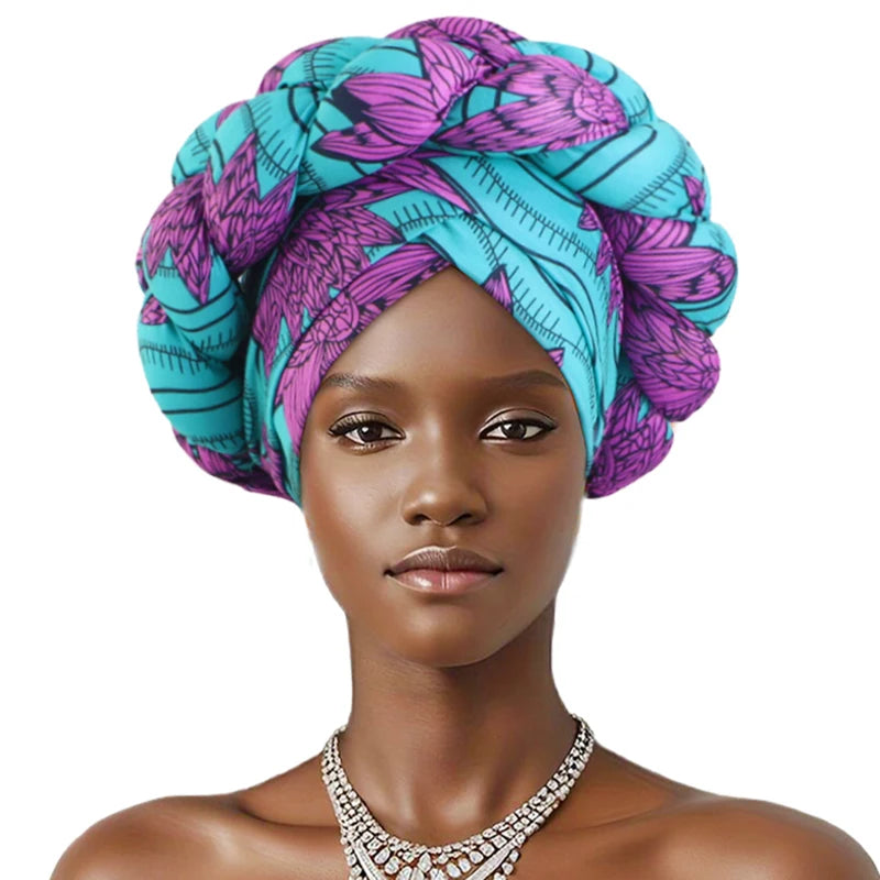 New African Print Twisted Large Braid Turban Hat Muslim Hijab Hat Elastic Head Wraps Headscarf Ramadan Headscarf Beanie Hats - NamafadStore