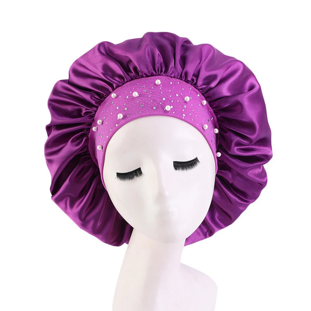 Newly Satin Sleep Cap Rhinestone Sleeping Bonnet Women Hat Night Hair Care Salon Shower Makeup Headband Muslim Hijab Head Cover