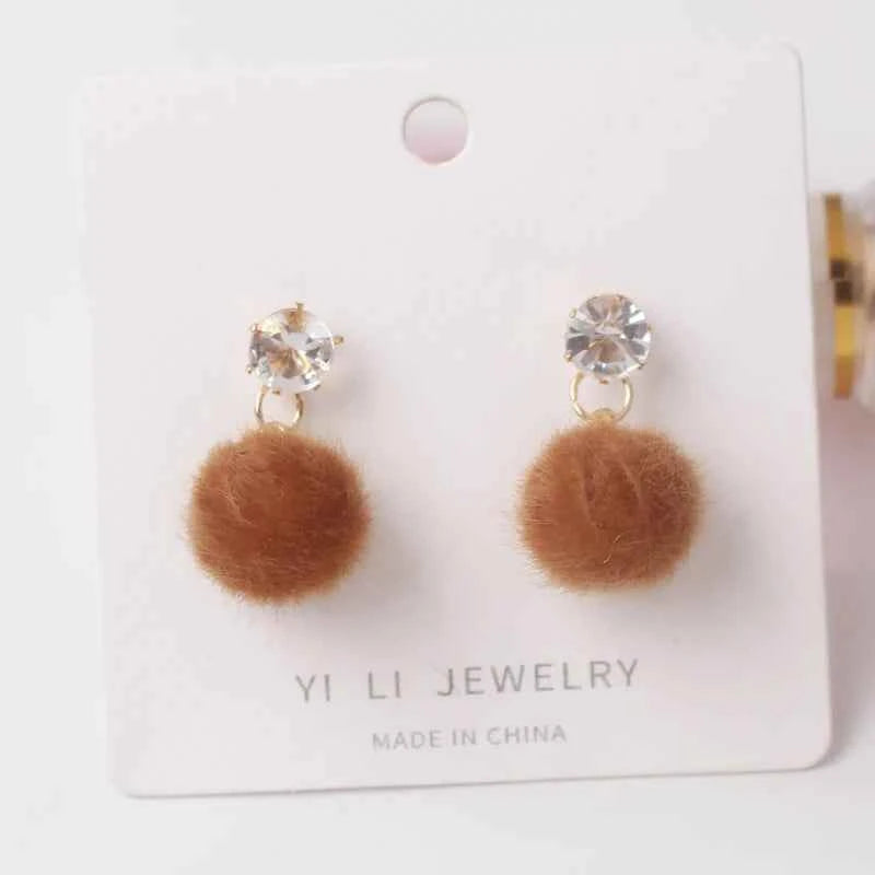 Korean Sweet Hair Ball Dangle Earring For Women Jewelry Pink Red Crystal Female Personality Simple Pink Plush Fur Brincos Gift