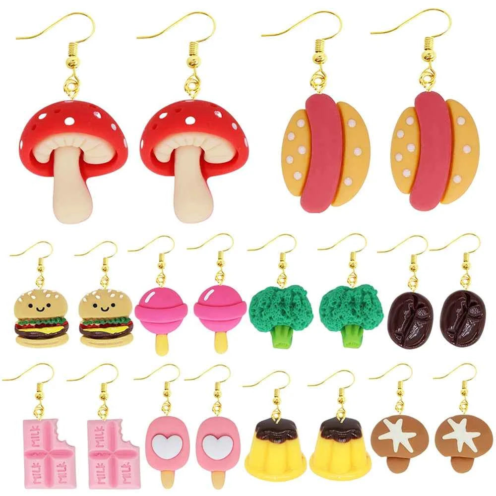 Women Earring Resin Drop Funny Custom Cute Girls Eardrop Kids Chocolate Strawberry Hamburger Hot Dog Mushroom Broccoli Coffee