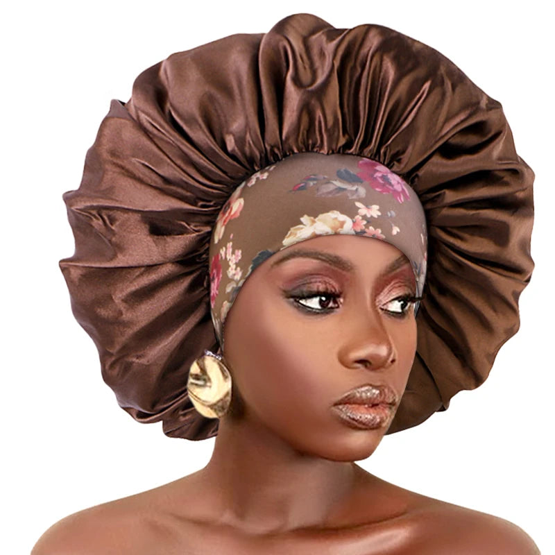 Extra Large Silky Satin Hair Bonnet For Women Thick Hair Sleep Cap Elastic Band Beanie African Headwrap Flower Turban Chemo Caps