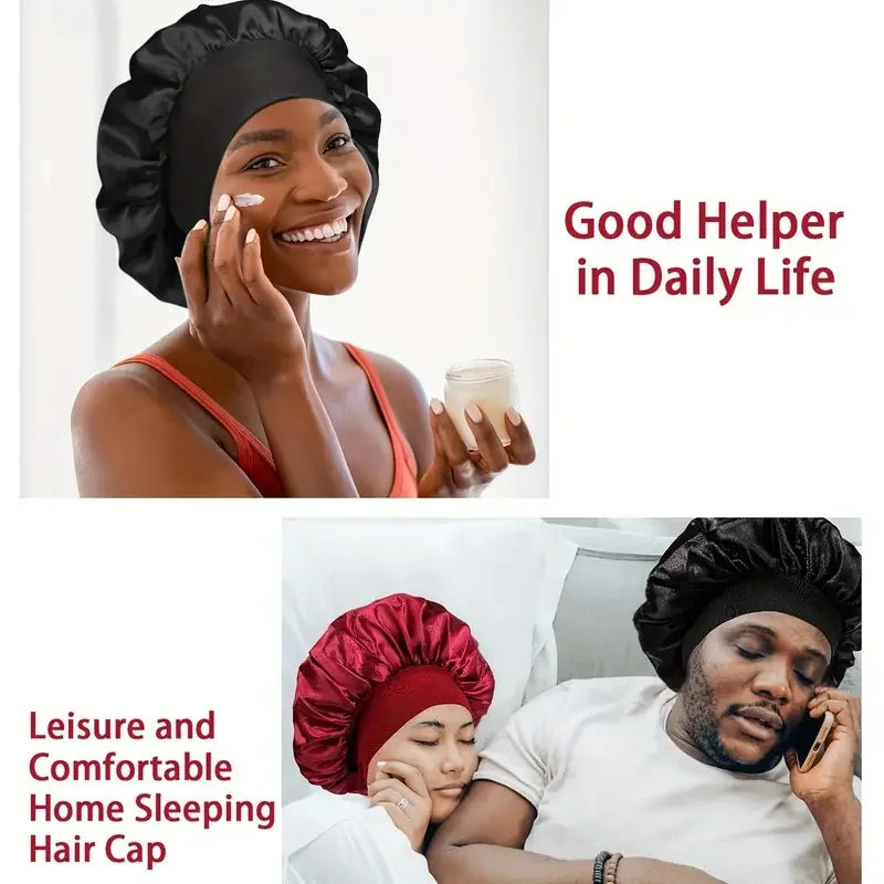 3PCS High Quality Satin Silky Bonnet Unisex Head Wrap Elastic Band Cap Durags Bandanas Long Tail Sleep Shower Cap Turban Hat - NamafadStore