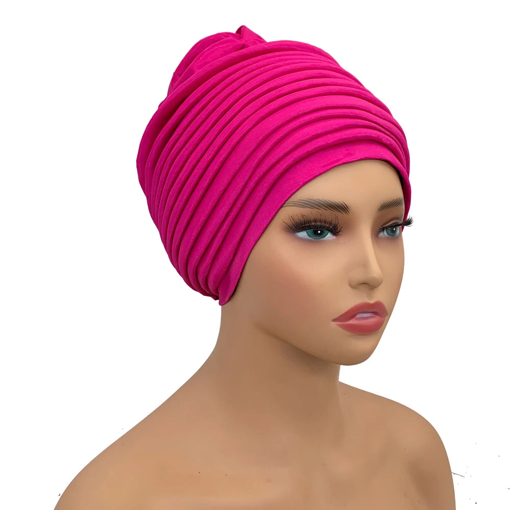New Raw Silk Pleated Turban Cap for Women African Female Head Wraps Nigeria Lady Headwear Hat Wedding Headtie - NamafadStore