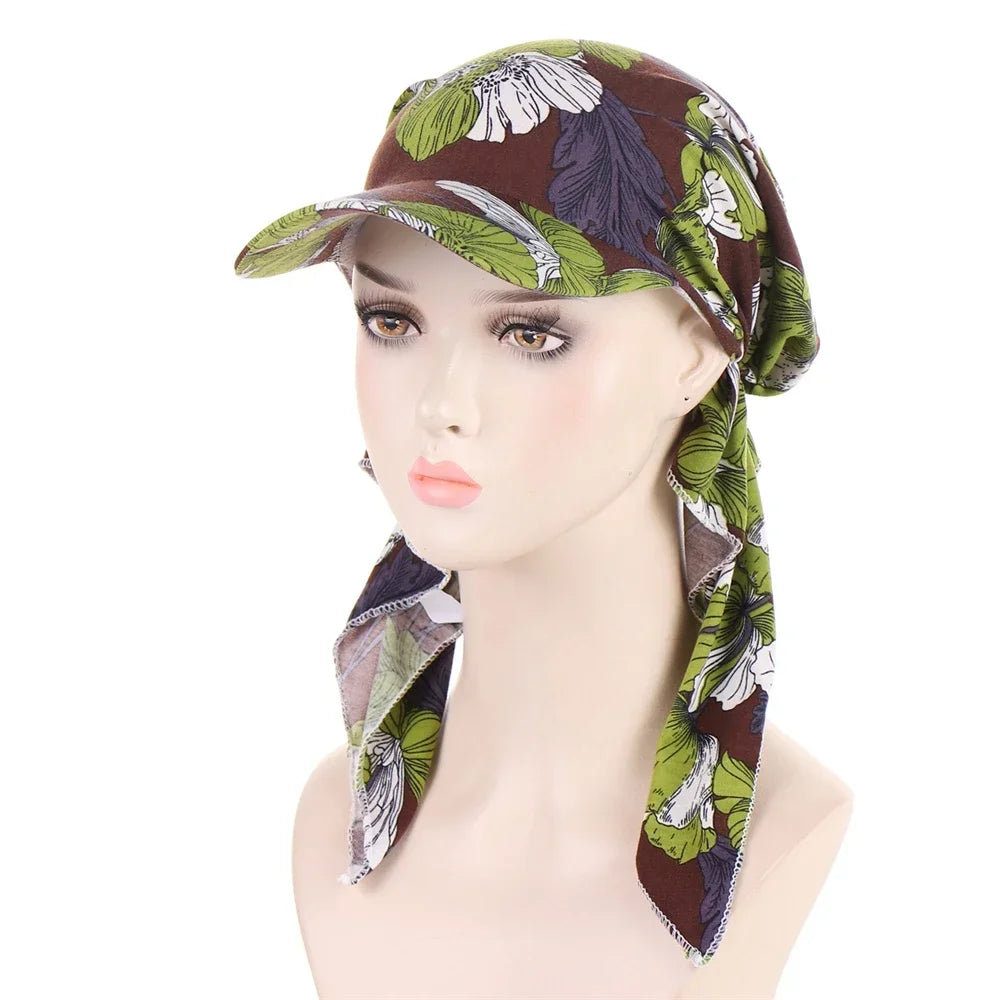 Fashion Muslim Floral Print Hijab Turban Hat for Women Visor Baseball Cap Sun Hats Headscarf Scarf Brim Femme Scarves Bandanas
