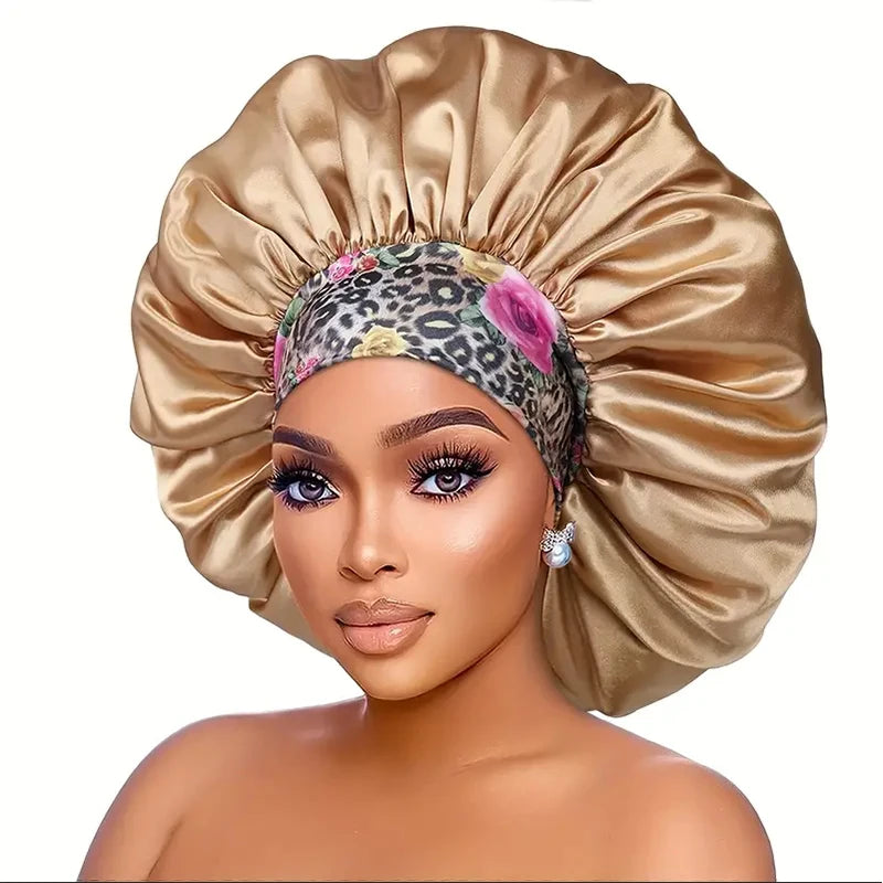 Extra Large Silky Satin Hair Bonnet For Women Thick Hair Sleep Cap Elastic Band Beanie African Headwrap Flower Turban Chemo Caps
