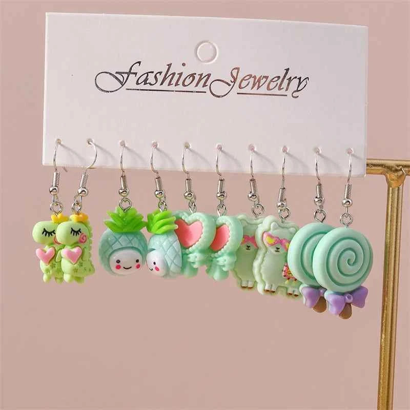 5Pairs/Set Fashion Flower Drop Earrings for Women Resin Heart Animal Dangle Hooks Earrings Girls Party Holiday Jewelry Gifts